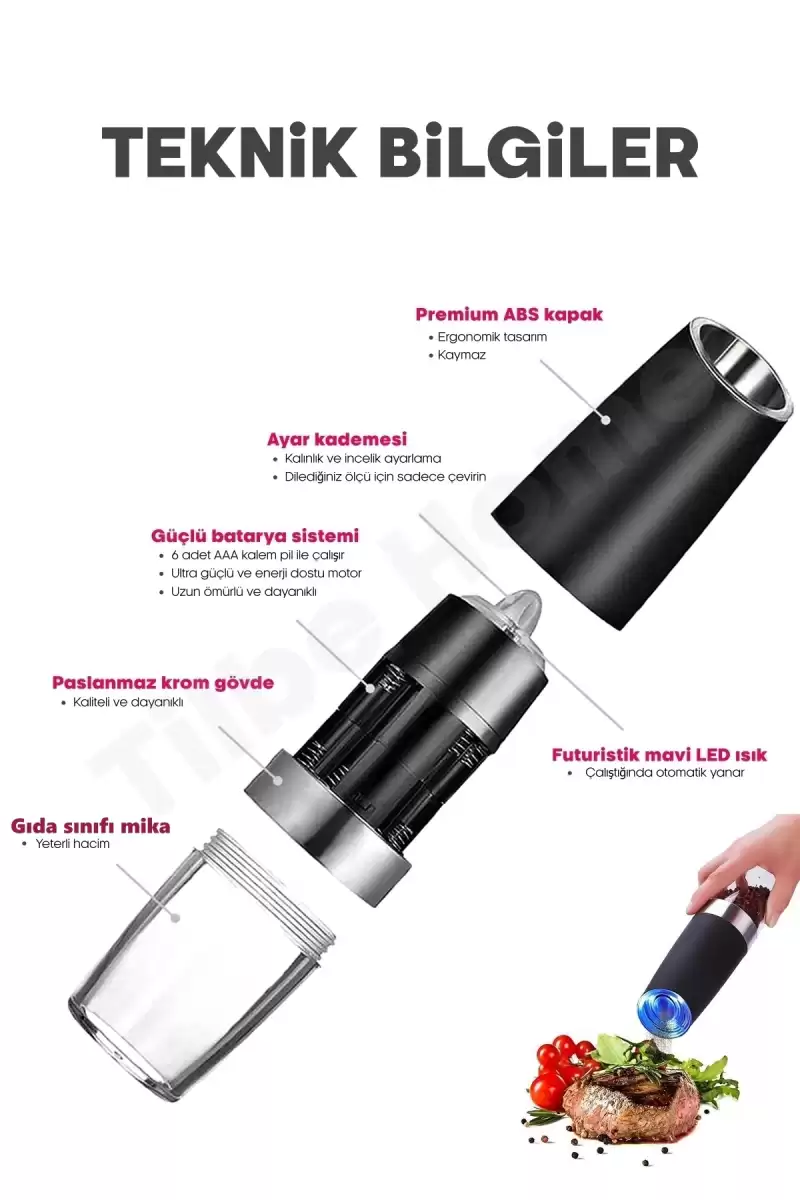 Sensörlü Gravity Otomatik Baharat Öğütücü Seramik Bıçaklı LED Işıklı 5 Kademeli Tuz Değirmeni