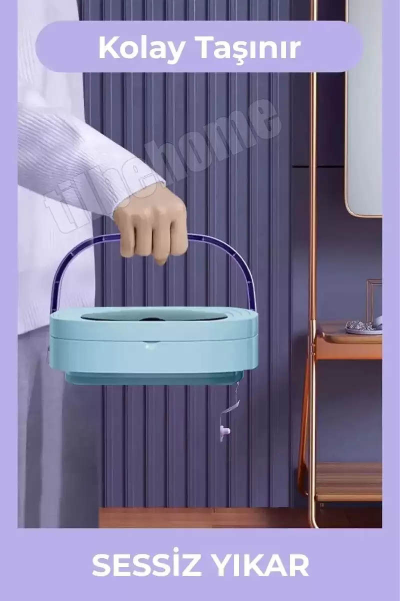 Katlanır Mini Çamaşır Makinesi Mavi Taşınabilir Retro Silikon Çorap İç Çamaşırı Yıkayıcı 10 lt