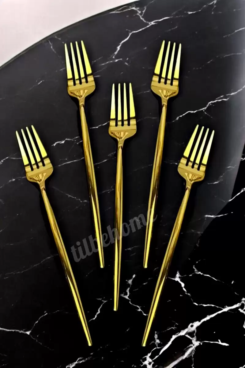 Lüx 6 Parça Gold Çatal Seti Paslanmaz Çelik Çeyiz Çatal Takımı Parlak Pürüzsüz Gold Series