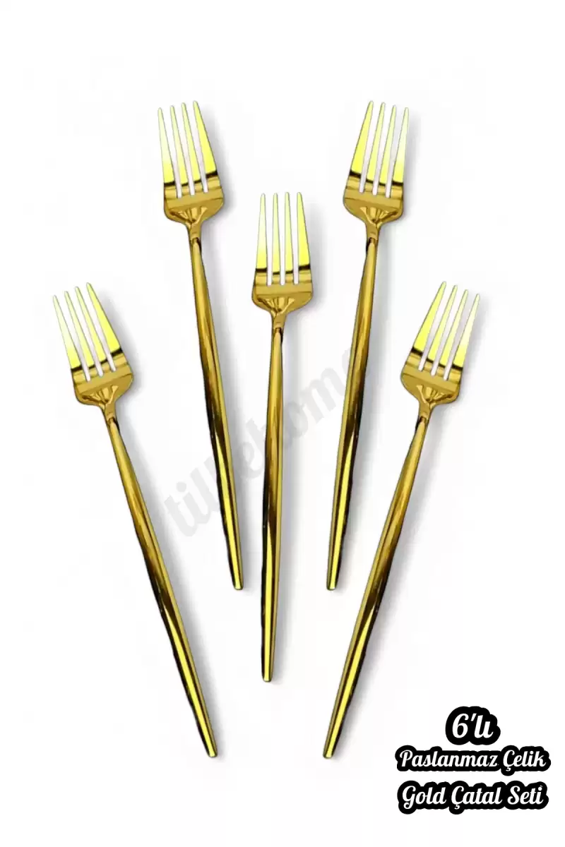 Lüx 6 Parça Gold Çatal Seti Paslanmaz Çelik Çeyiz Çatal Takımı Parlak Pürüzsüz Gold Series