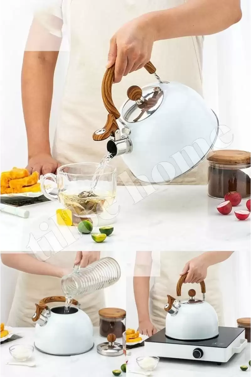 3 Litre Düdüklü Çaydanlık İskandinav Ahşap Su Isıtıcı Islık Çalan Çaydanlık Kettle Demlik Çay Potu