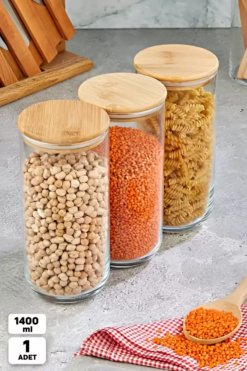 Vakumlu Bambu Kapaklı Cam Kavanoz 1400ml Baharatlık Bakliyat Gıda Saklama Kabı Organizer