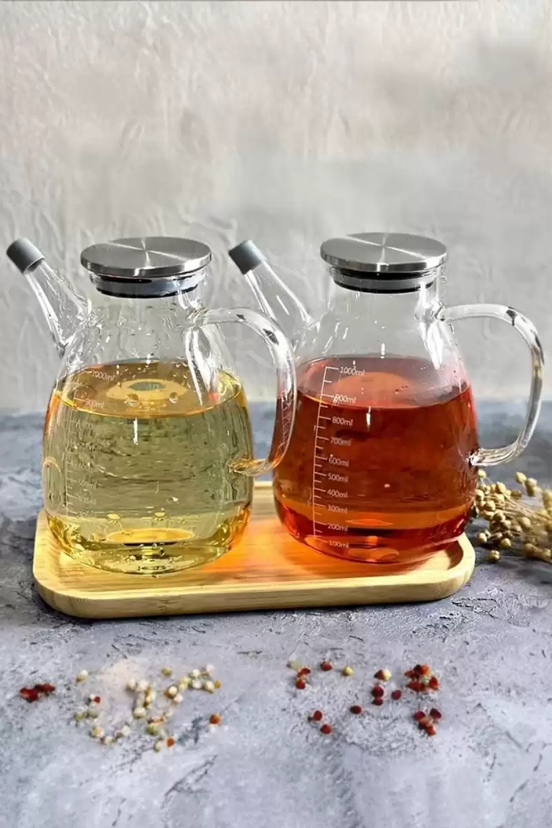 2li Ahşap Standlı 1000ml Zeytinyağı Sıvıyağ Şişesi Borosilikat Cam Çelik Kapaklı Yağlık Yağdanlık