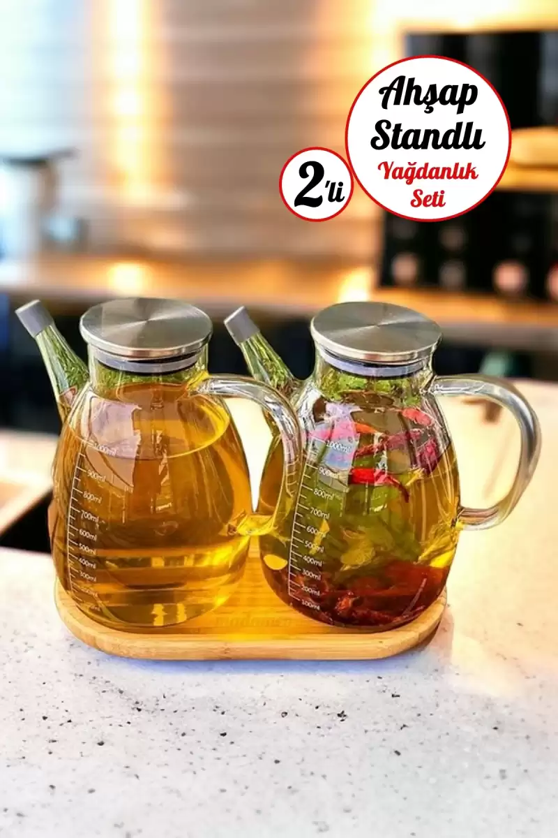 2li Ahşap Standlı 1000ml Zeytinyağı Sıvıyağ Şişesi Borosilikat Cam Çelik Kapaklı Yağlık Yağdanlık