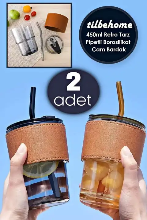 2li Retro Stil Bardak 450ml Isıya Dayanıklı Pipetli Deri Şerit Borosilikat Cam Kahve Sunum Bardağı