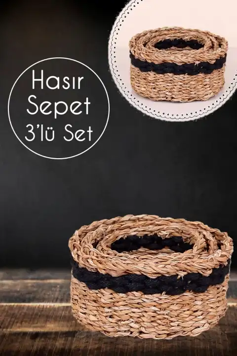 3 lü Mini Boy Naturel El Yapımı Hasır Sepet Ekmeklik Sunumluk Örme Dekoratif Mutfak Sofra Sepeti