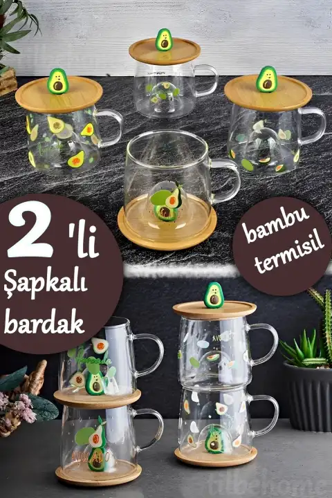 3D Avakado Figürlü Baskılı Sıcak Soğuk Borosilikat Cam Meşrubat Kupası Su Çay Bardağı Bambu Kapaklı
