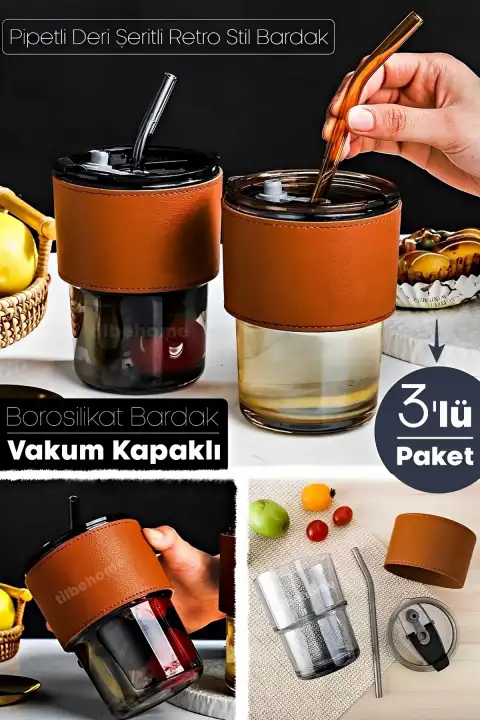 3lü Retro Stil Bardak 450ml Isıya Dayanıklı Pipetli Deri Şerit Borosilikat Cam Kahve Sunum Bardağı