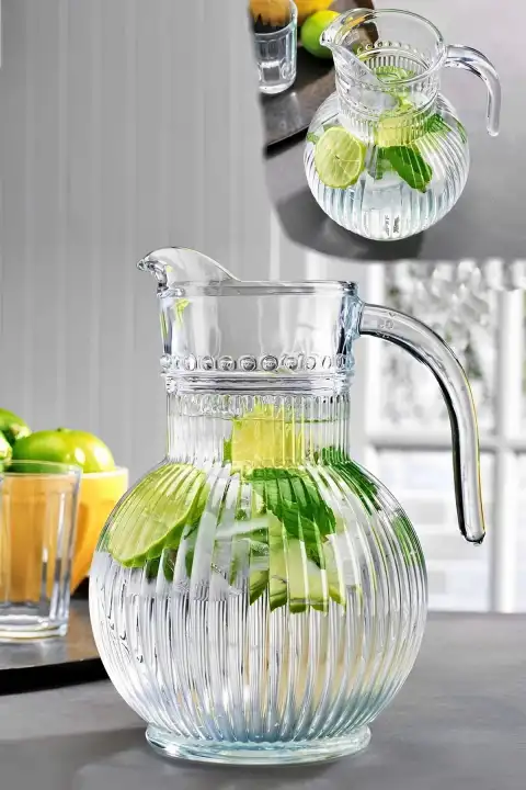 Ada Cam Sürahi Kristal Şeffaf Kapaklı Gravürlü Tombul Cam Sürahi 1800 ml Sofra Cam Meşrubat Sürahi