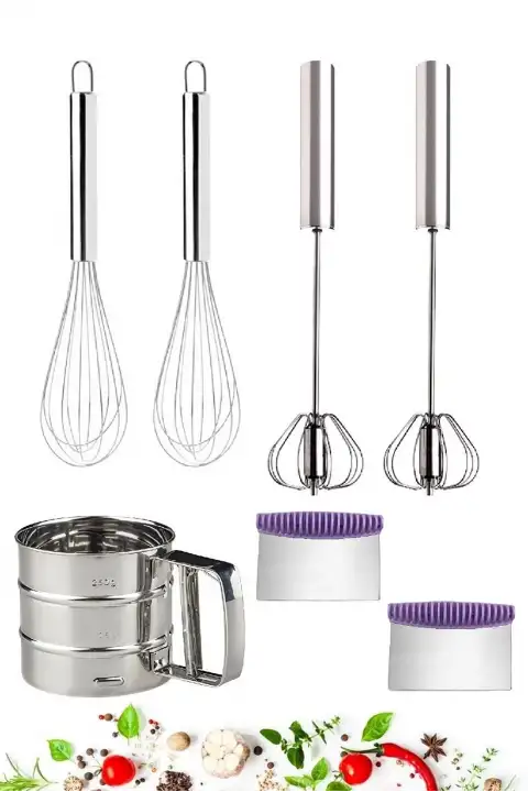 Basmalı Çırpıcı Mikser Çelik Yaylı Çırpma Teli Pudra Un Eleği Şekilli Hamur Kesici Dilimleyici Set