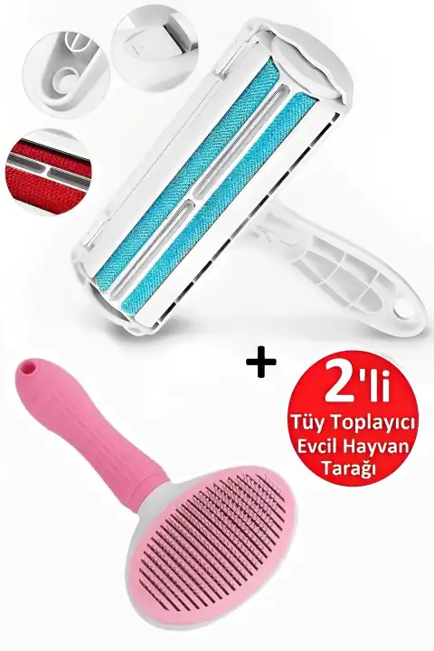 2li Kedi Fırça ve Tarağı Kıl Tüy Toplayıcı Tiftik Tarak +  Hazneli Kıl Toz Toplayıcı Temizleyici 03