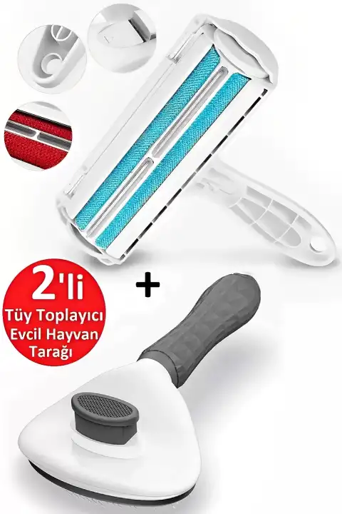 2li Kedi Fırça ve Tarağı Kıl Tüy Toplayıcı Tiftik Tarak +  Hazneli Kıl Toz Toplayıcı Temizleyici 01