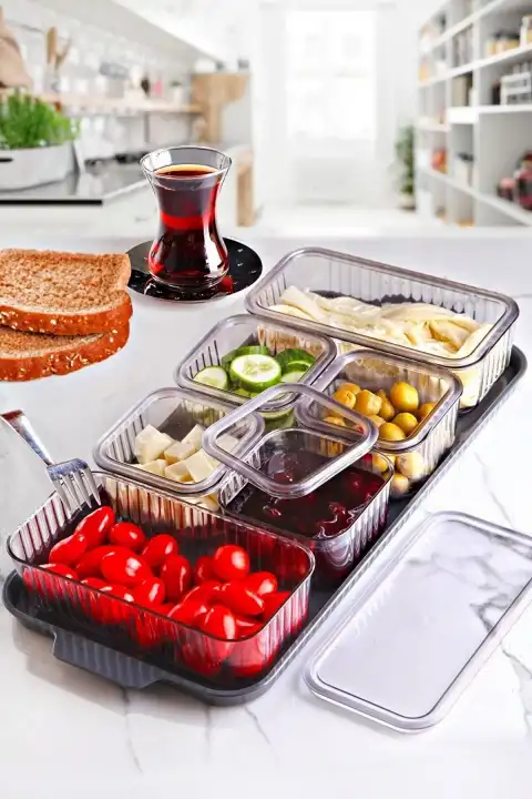 Lüx Kahvaltı Takımı Tepsili Vakum Kapaklı Saklama Kabı Mutfak Çerezlik Sosluk Sunumluk 13 Parça Set