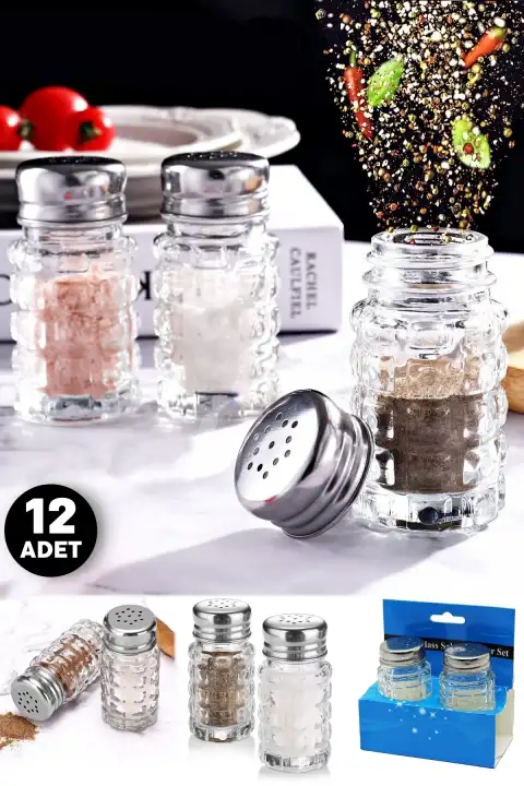 12li Cam Tuzluk Karabiberlik Baharatlık Lokanta Ev Ofis Metal Başlıklı Yuvarlak Still Tuzluk Seti