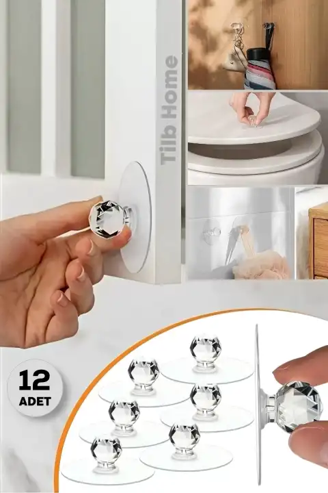 12li Güçlü Yapışkanlı Kristal Başlıklı Dolap Çekmece Ayna Klozet Kapağı Tutma Kulpu Mutfak Askısı