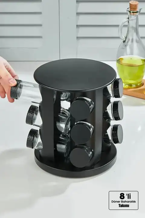 8li Döner Stantlı Siyah Baharatlık Takımı Serpme Başlıklı Kapaklı Etiketli Cam Baharatlık Seti