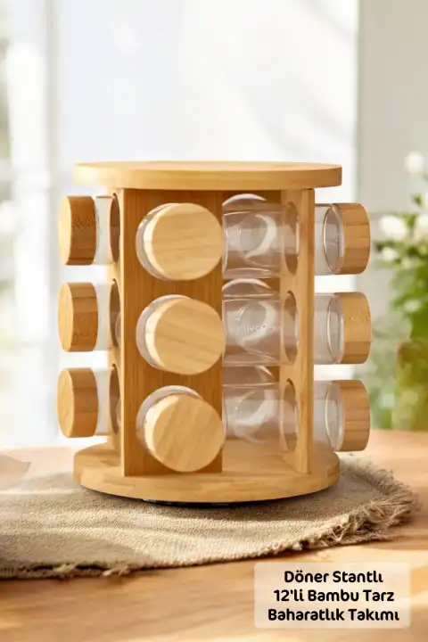 12li Döner Stantlı Bambu Baharatlık Takımı Serpme Başlıklı Kapaklı Etiketli Cam Baharatlık Seti