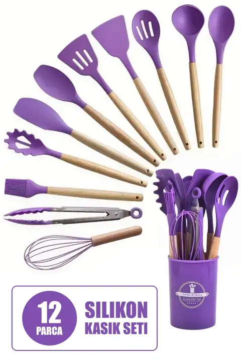 12Parça Silikon Kepçe Kevgir Spatula Kaşık Fırça Çırpıcı Servis Maşa Seti Bambu Mor Mutfak Takımı