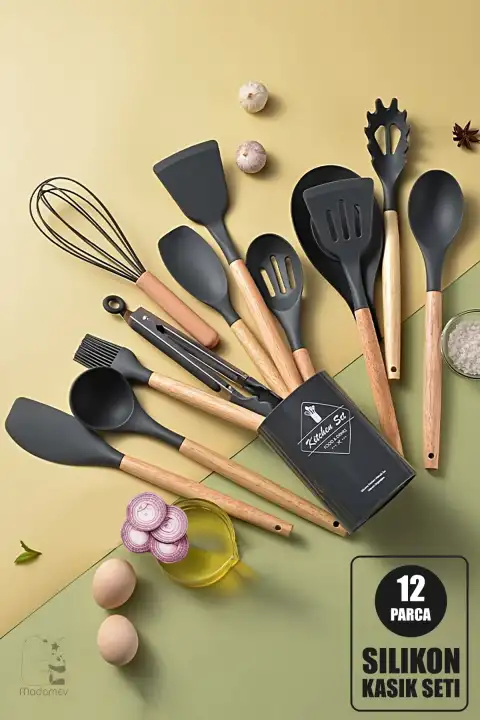 12li Silikon Kevgir Kepçe Kaşık Fırça Spatula Çırpıcı Maşa Servis Seti Bambu Siyah Mutfak Takımı