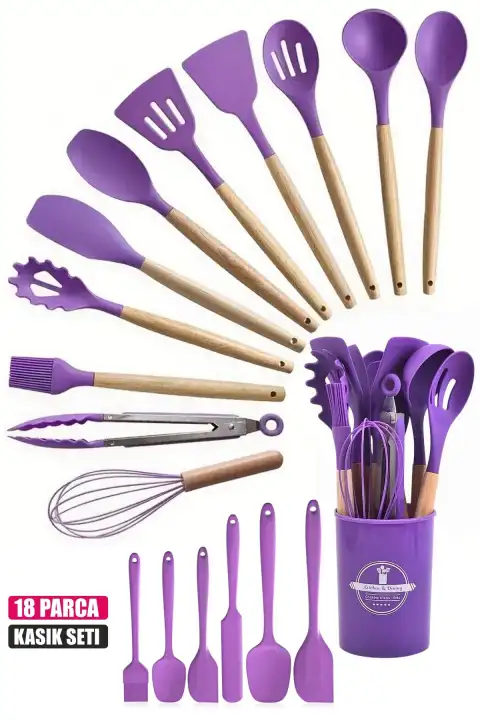 18Parça Silikon Kepçe Kevgir Spatula Kaşık Fırça Çırpıcı Servis Maşa Seti Bambu Saplı Mutfak Takımı