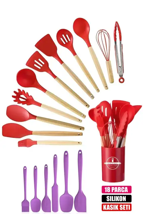 18Parça Silikon Kevgir Kepçe Kaşık Fırça Spatula Çırpıcı Maşa Servis Seti Bambu Saplı Mutfak Takımı