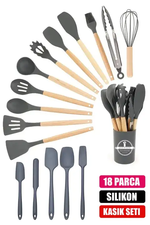 18Parça Silikon Kevgir Kepçe Çırpıcı Kaşık Fırça Spatula Maşa Servis Seti Bambu Saplı Mutfak Takımı