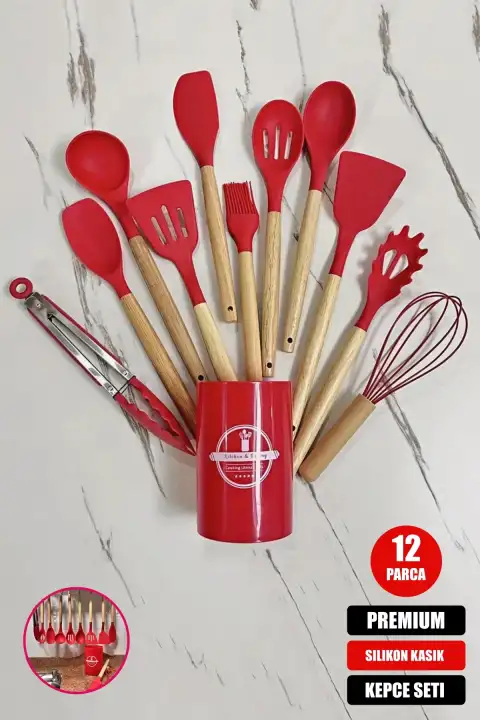 12li Silikon Kevgir Kepçe Kaşık Fırça Spatula Çırpıcı Maşa Servis Seti Bambu Kırmızı Mutfak Takımı