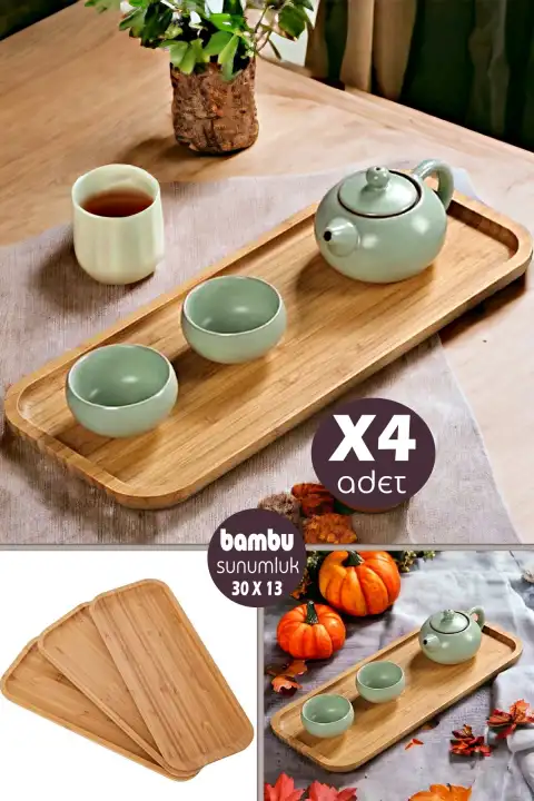 4 Adet Gourmet Kayık Bambu Kahvaltı Tabağı Peynir Servis Sunum Tepsi İkramlık Ahşap Tabak 30X13 Set