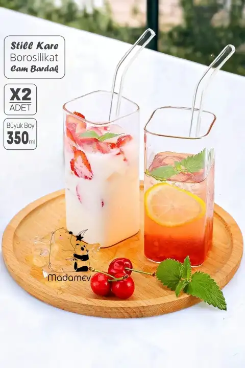 2 Adet Kare Still Cam Bardak 350ml Isıya Dayanıklı Borosilikat Pipetli Kahve Sunum Meşrubat Bardağı