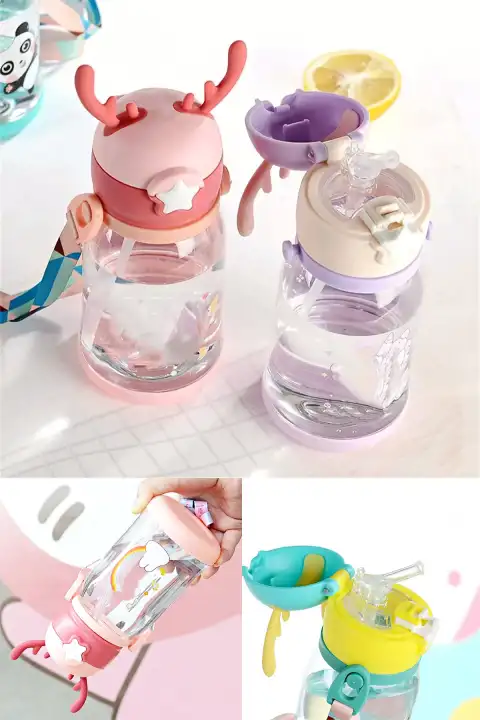 Su Matara Geyik Kulaklı Figürlü Omuz Askılı Pipetli Çocuk Suluk Su Şişesi 600 ml