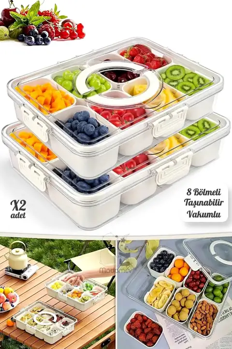 2li 8 Bölmeli Kilit Kapaklı Taşınabilir Saklama Kabı Kahvaltılık Organizer Piknik Seti Gıda Kutusu