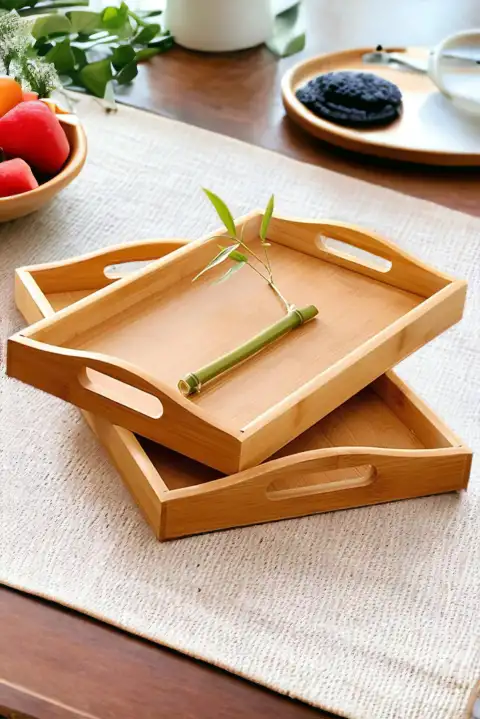 2li Bambu Çay Tepsisi Kulplu Dikdörtgen Büyük + Orta Boy Kahve Çay Servis Sunum Doğal Bambu Tepsi