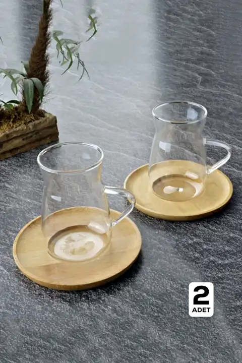 2li Bambu Kapaklı Morning Çay Bardağı Seti Isıya Dayanıklı Termosilikat Keyfi Ala Bardak 180 ml