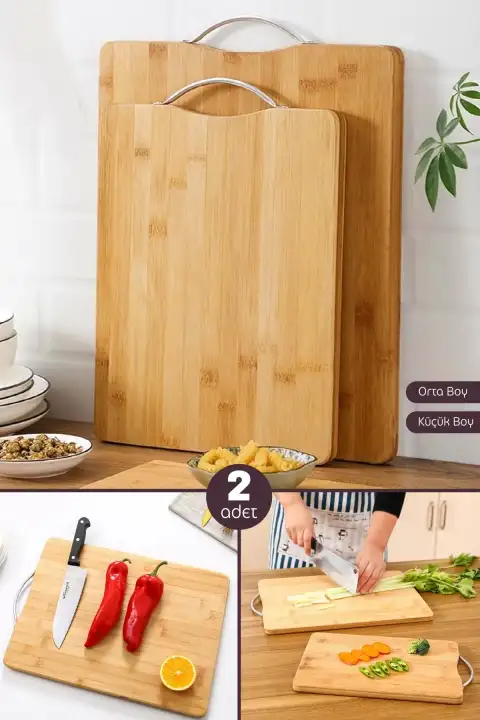 2li Bambu Kesim Tahtası Orta + Küçük Boy Çelik Saplı Peynir Sunum Tepsi Sebze Doğrama Panosu Seti
