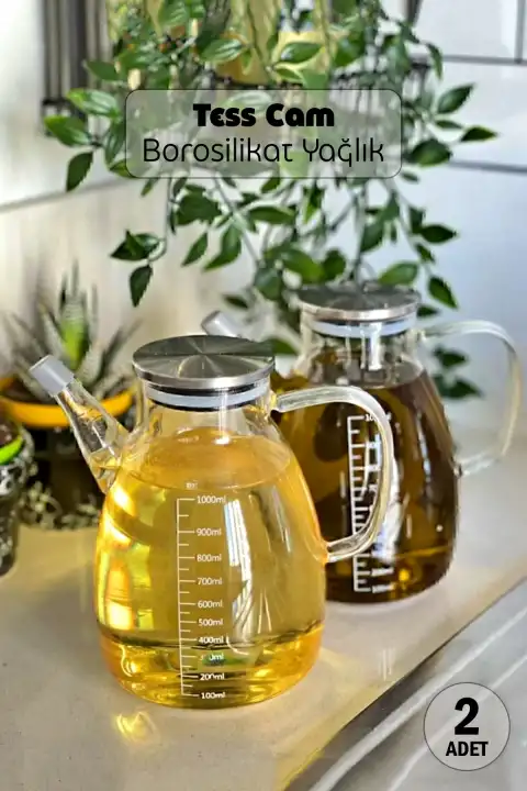 2li Borosilikat Tess Cam Yağdanlık 1000ml Zeytinyağı Sıvıyağ Şişesi Çelik Kapaklı Yağlık Yağdanlık