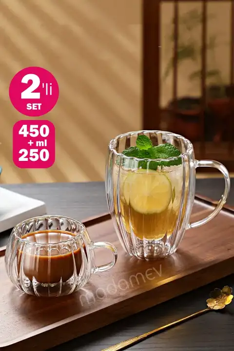 2li Çift Cidarlı 450+250 ml Isıya Dayanıklı Cam Bardak Soğuk Burgulu Çay Süt Kahve Kupası Bardağı