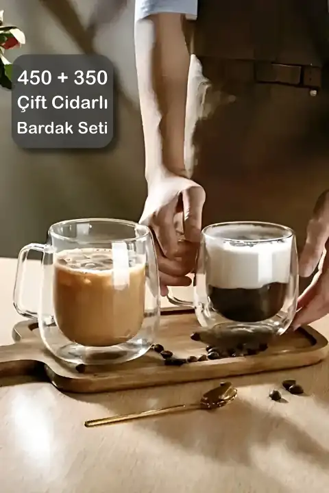 2li Çift Cidarlı Bardak Seti 350+450 ml Isıya Dayanıklı Espresso Sunum Bardağı Kulplu Kahve Kupası