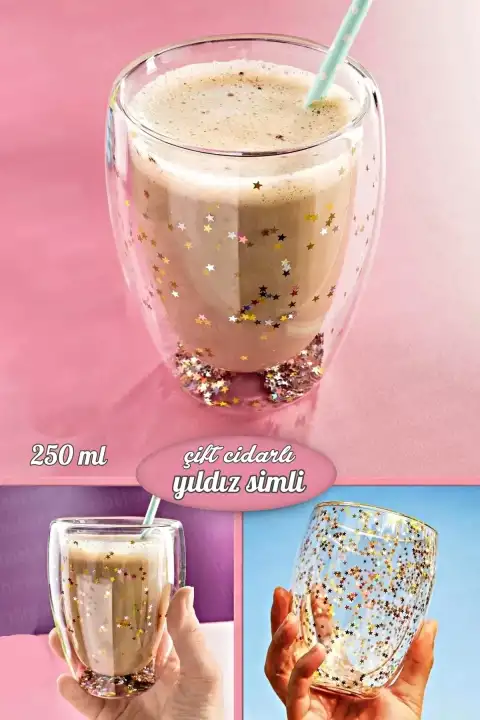 Çift Cidarlı Bardak Yıldız Simli Kahve Sunum Kokteyl Bardağı Isıya Dayanıklı Borosilikat 250ml
