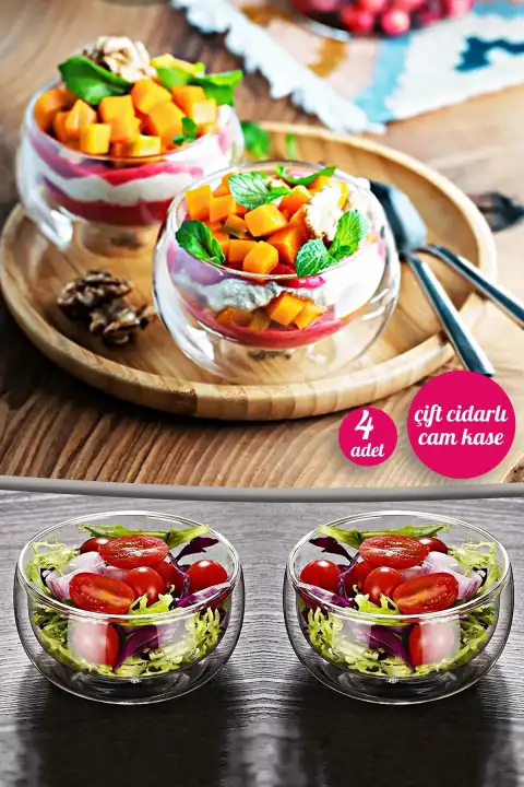 4lü Çift Cidarlı Cam Kase 350ml Büyük Boy Isıya Dayanıklı Borosilikat Cam Salata Tatlı Sunum Kasesi