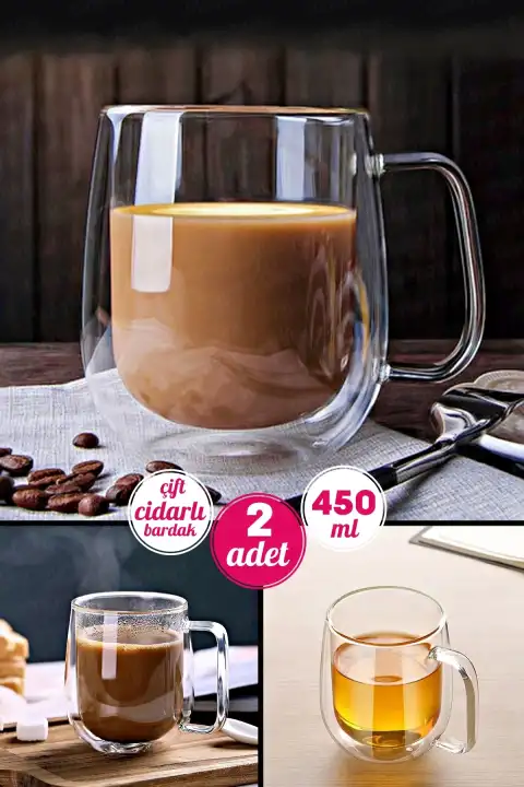 2li Çift Cidarlı Cam Kupa Bardak 450 ml Ev Ofis Fincanı Çift Katlı Isı Yalıtımlı Kulplu Cam Bardak