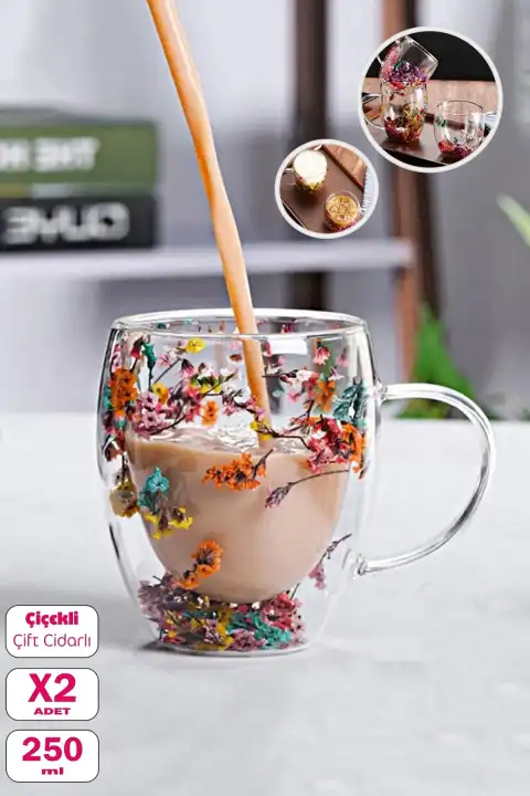 4lü Çift Cidarlı Çiçekli Bardak 250ml Kahve Çay Bardağı El Yapımı Kulplu Borosilikat Cam Bardağı