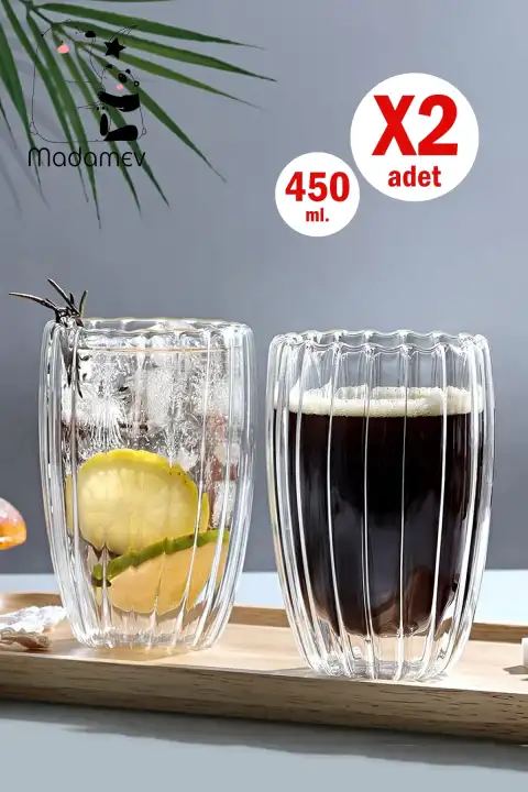 2li Çift Cidarlı 450ml Isıya Dayanıklı Cam Bardak Sıcak Soğuk Burgulu Çay Süt Kahve Kupası Bardağı