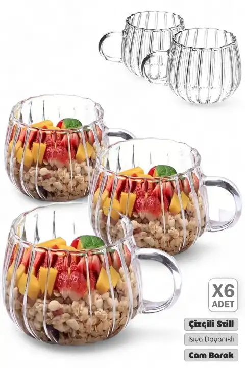 6lı Çizgili Still Cam Bardak 250 ml Isıya Dayanıklı Kahve Sunum Bardağı Kupa Kulplu Çay Fincanı