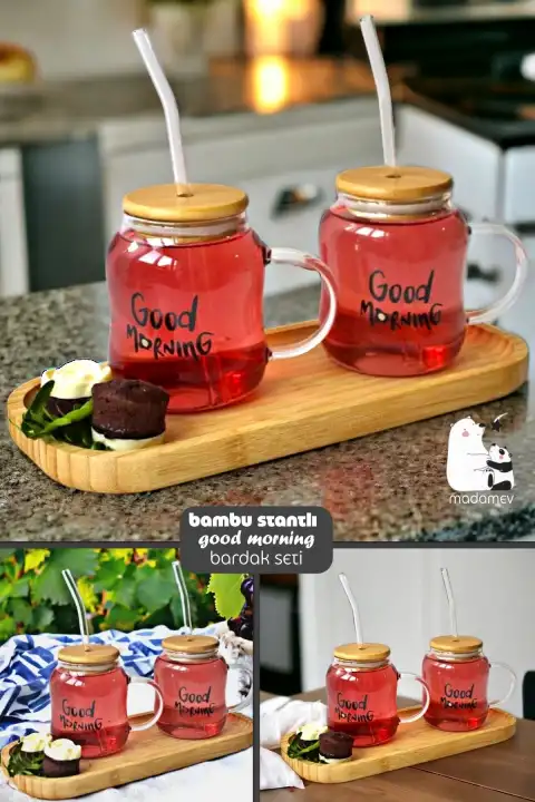7 Parça Stantlı Good Morning Bardak Seti Bambu Kapaklı Pipetli New Stil Kokteyl Sunum Cam Bardağı