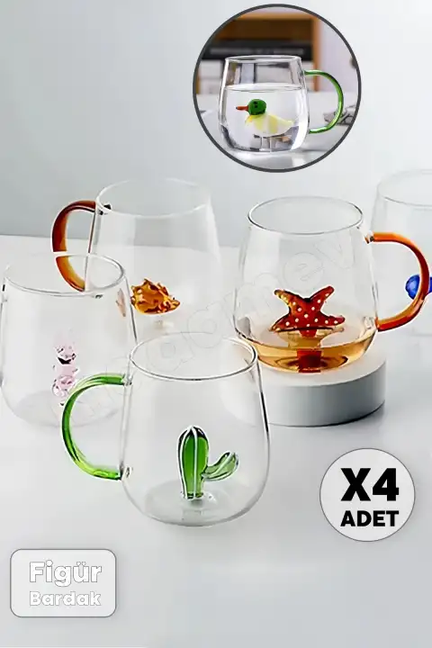 4lü Figürlü Cam Bardak 3D Sevimli Karikatürler Bardağı Kawaii Renkli Kulplu Sunum Fincanı 350 ml.