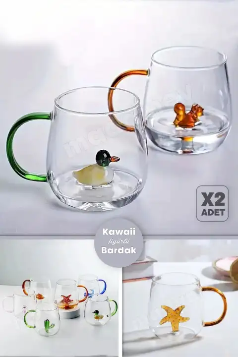 2li Figürlü Cam Bardak 3D Sevimli Karikatürler Bardağı Kawaii Renkli Kulplu Sunum Fincanı 350 ml.
