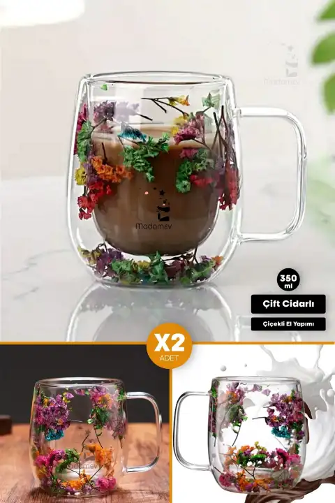 2li Isıya Dayanıklı Borosilikat Çift Çidarlı Flower Cup Çiçekli Bardak Kulplu Kahve Sunum Bardağı