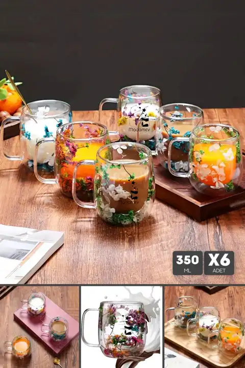 6lı Çift Çidarlı Flower Cup Çiçekli El Yapımı Borosilikat Bardak 350 ml Kulplu Kahve Sunum Bardağı
