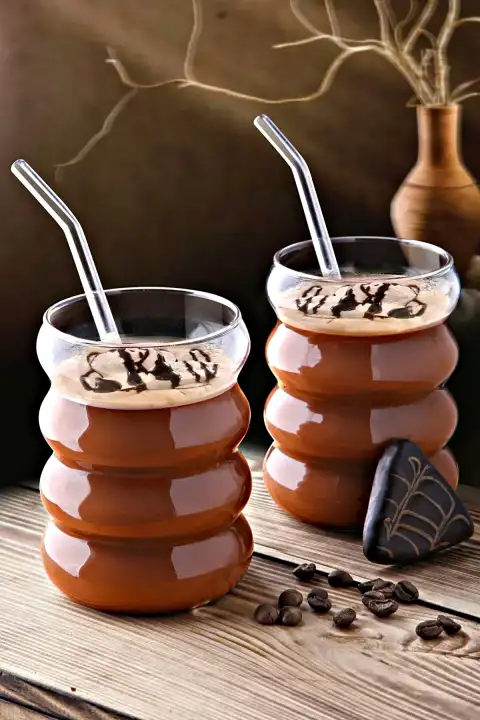 2li Pipetli Şeritli Cam Bardak Dalgalı Kahve Sunum Meşrubat Bardağı Dekoratif 300 ml Bardak Seti