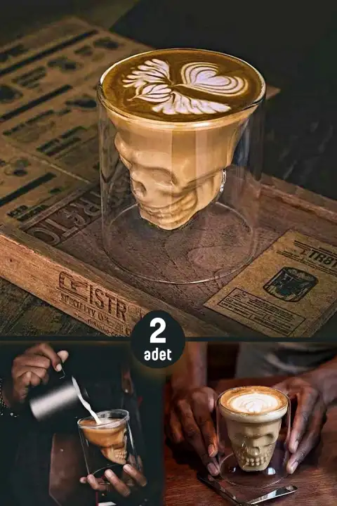 2li Kuru Kafa Tasarımlı Bardak Kahve Expresso Kokteyl Bardağı Kristal Skull Çift Cidarlı Cam Kupa